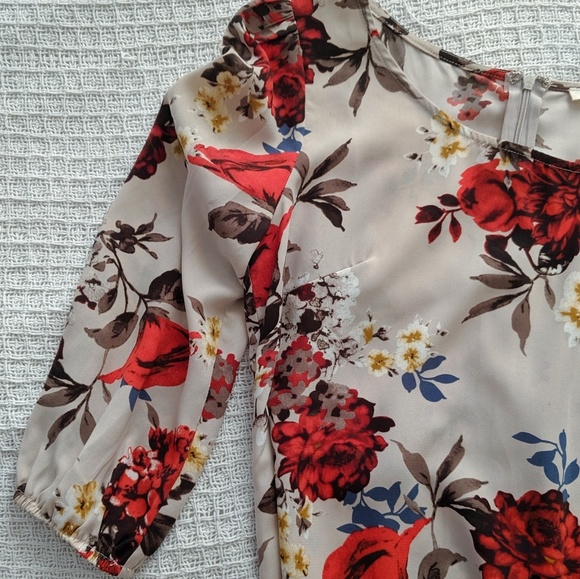 Summer SALE Floral Red Blue Dress, Mid length, Size Small, Long Sleeve Puff - Picture 6 of 8